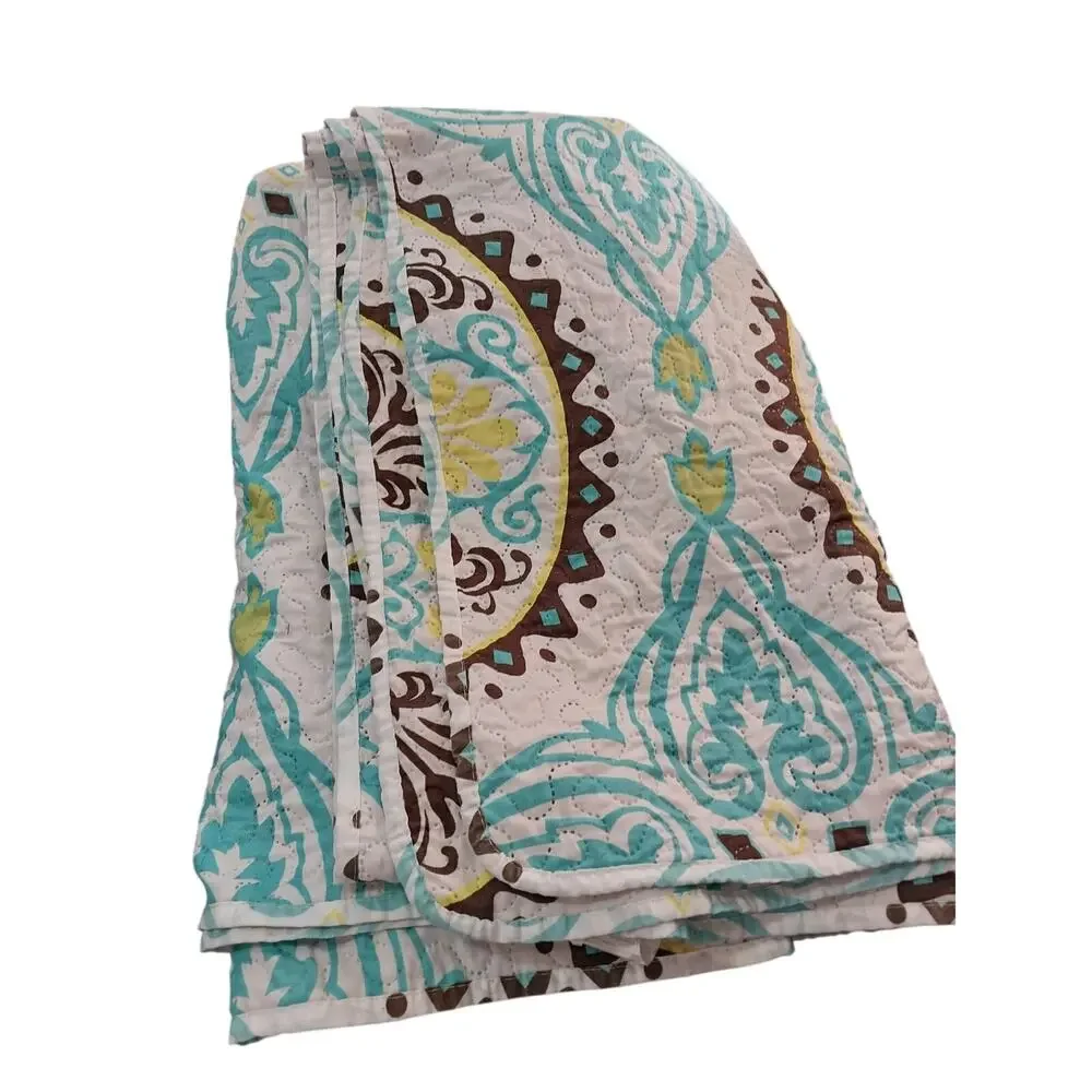 SPIRIT LINEN! WHITE W/YELLOW, AQUA & BROWN MANDALA QUILT & 2 SHAMS! SZ QN